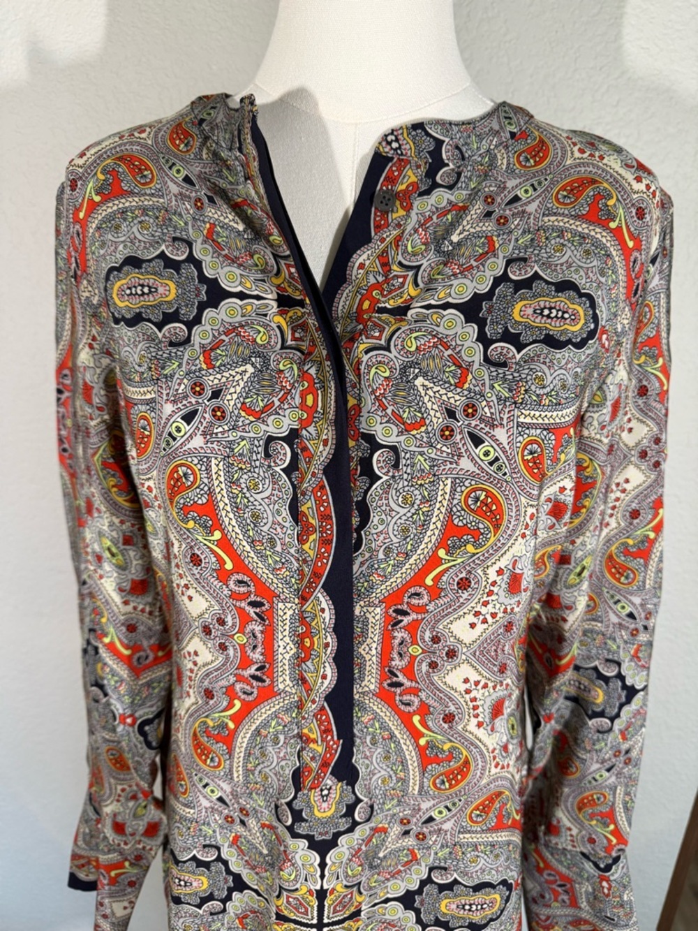 Theory Paisley Print Blouse — Navy, Red & Cream - Picture 2 of 5